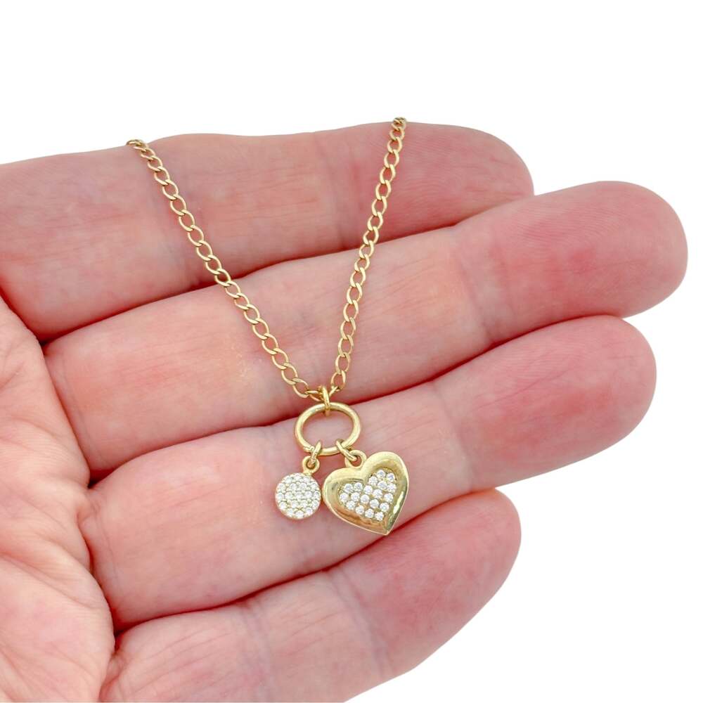 Gold-Tone Sterling Silver 925 CZ Heart Round Charm Necklace 16.5–18.5 Inches
